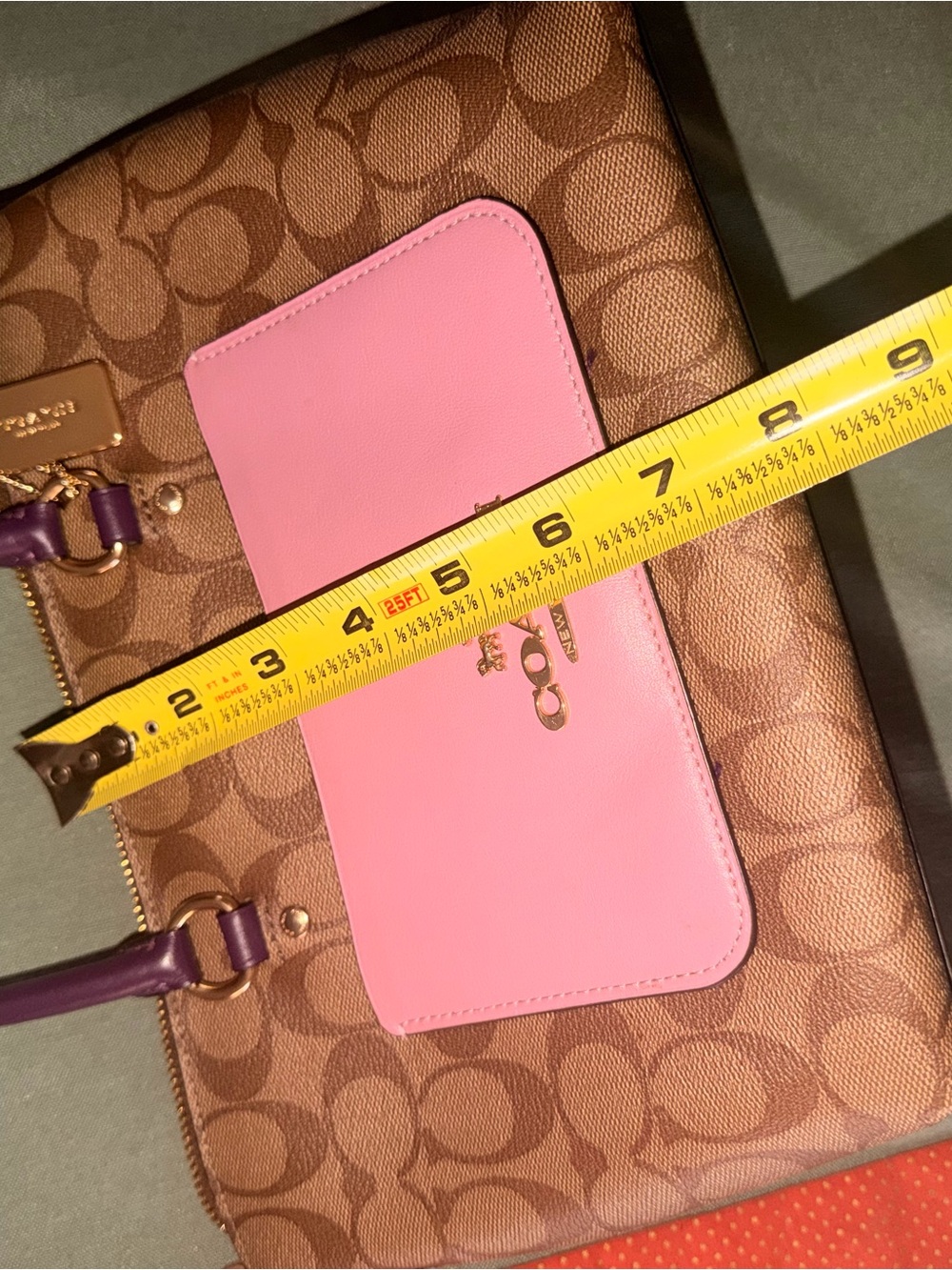 Coach Brown Signature Canvas Tote with Pink Front Pocket and Purple Trim - Picture 6 of 6